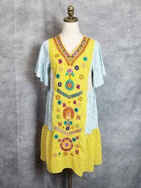See and Be Seen Boho Embroidered Floral Tiered Dress Size S Yellow Blue V-Neck